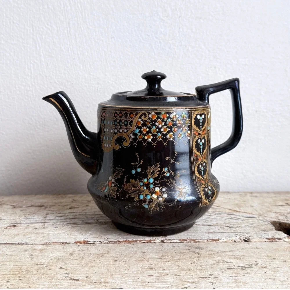 Vintage Price Bros England M&M No 8 Black Moriage Floral Teapot Gold Gilt CSGC